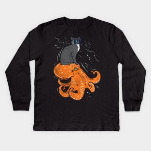 Snorkeling Cat Riding Octopus Kids Long Sleeve T-Shirt